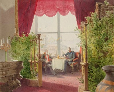 Śniadanie cesarzy Aleksandra II i Wilhelma I w Pałacu Zimowym, 1873. autorstwa Mihály Zichy