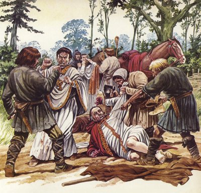 Arcybiskup Canterbury okradziony podczas podróży za niespokojnych rządów króla Stefana. (kolorowa litografia) autorstwa Mike (20th century) White