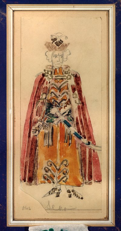 Kostium przygotowawczy do opery „Mazepa” Piotra Czajkowskiego (1840-1893) (Projekt kostiumu do opery Mazepa P. Czajkowskiego) - Dzieło Michaiła Aleksandrowicza Wrubla (Vrubel) (1856-1910), ołówek i gwasz na papierze , Rosyjska sztuka scenograficzna - St autorstwa Mikhail Aleksandrovich Vrubel