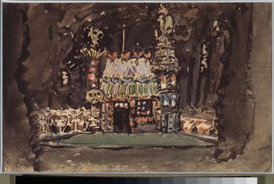 Dekoracja przygotowawcza do opery „Jaś i Małgosia” Engelberta Humperdincka (1854-1921) (Scenografia do opery Jaś i Małgosia) - Oeuvre de Mikhail Alexandrovich Vrubel (Vroubel) (1856-1910), kredka, akwarel i gwasz na papierze autorstwa Mikhail Aleksandrovich Vrubel