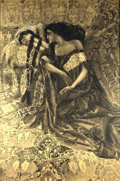 Tamara i Demon. Ilustracja do wiersza „Demon” Michaiła Lermontowa, 1890-1891 autorstwa Mikhail Aleksandrovich Vrubel