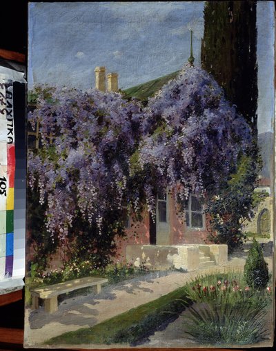 Dom opleciony glicynią. Obraz Michaiła Aleksandrowicza Alisowa (1859-1933). Olej na płótnie, 62,3 x 44,4 cm. Szkoła rosyjska na początku XX wieku. Muzeum Architektury i Sztuki, Ałupka, Ukraina. © FineArtImage/Leemage autorstwa Mikhail Alexandrovich Alisov