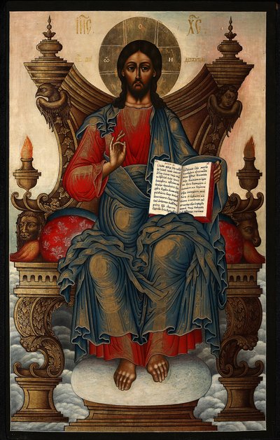 Zbawiciel na tronie - Soplyakov, Michaił Aleksiejewicz (1722-1799) - 1762 - Tempera na panelu - 92,5x60 - Kolekcja prywatna autorstwa Mikhail Alexeyevich Soplyakov
