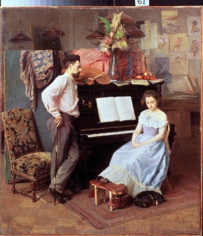 "Artysta i jego żona"" Młoda kobieta ze spuszczonymi oczami siedzi przy fortepianie pod okiem męża. Obraz Michaiła Ignatiewa (1870-1934) ok. 1900 r. Regionalna Galeria Sztuki, Wołogda autorstwa Mikhail Ignatiev