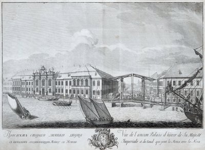 Widok drugiego Pałacu Zimowego z kanałem łączącym Mojkę z Newą, 1753 autorstwa Mikhail Ivanovich Makhaev