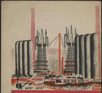 Illustration du livre pour enfants „Combinat metallurgique Kuznets: un geant socialiste” – ilustracja do książki dla dzieci „Kuznets Metallurgical Combine: Socjalistyczny Gigant” autorstwa Gurevicha, Michaiła Lwowicza (1904-1943). Litografia kolorowa autorstwa Mikhail Lvovich Gurevich