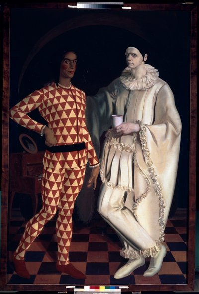 Arlekin i Pierrot (Autoportrety, w kostiumach z Comedia dell Arte) - Arlekin i Pierrot (Autoportrety) - Obraz Aleksandra Jewgienija Jakowlewa (Alexandre Iacovleff) (1887-1938), olej na płótnie autorstwa Mikhail Nikolayevich Yakovlev