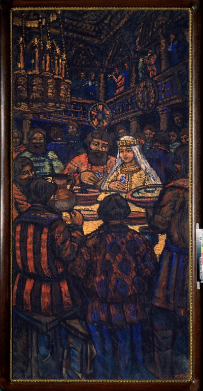 Wesele Wielkiego Księcia Włodzimierza I Światosławicza (zwanego Wielkim lub Czerwonym Słońcem, 958-1015) (Wesele Wielkiego Księcia Włodzimierza I Światosławicza) Scena bankietowa - Obraz Michaiła Nikołajewicza Jakowlewa (1880-1942), olej na płótno, ok. 192 autorstwa Mikhail Nikolayevich Yakovlev