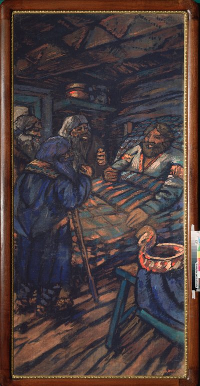 Wesele Wielkiego Księcia Włodzimierza I Światosławicza (znanego jako Wielkie lub Czerwone Słońce, 958-1015) (Wesele Wielkiego Księcia Włodzimierza I Światosławicza) Władimir alite otoczony jest przez trzech starców - Obraz Michaiła Nikołajewicza Jakowlewa  autorstwa Mikhail Nikolayevich Yakovlev
