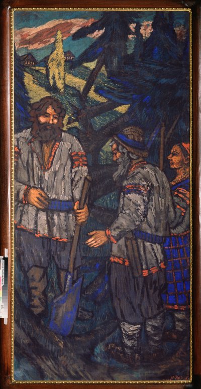 Wesele Wielkiego Księcia Włodzimierza I Światosławicza (zwanego Wielkim lub Czerwonym Słońcem, 958-1015) (Wesele Wielkiego Księcia Włodzimierza I Światosławicza) Władimir z łopatą rozmawia z parą chłopów - Obraz Michaiła Nikołajewicza Jakowlewa (1880) -1 autorstwa Mikhail Nikolayevich Yakovlev