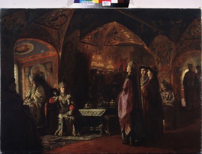 Mieszkanie Carycy (Mieszkanie Caryewny). Kompozycja na temat dawnej Rosji, tradycyjny strój i dekoracja Księstwa Moskiewskiego. Obraz barona Michaiła Pietrowicza Klodta (1835-1914), olej na płótnie autorstwa Mikhail Petrovich Klodt