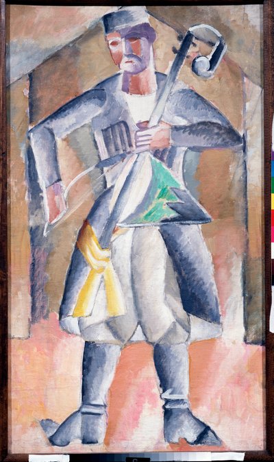 Musicien (Sas Musician) - Portret muzyka w tradycyjnym stroju, ze swoim instrumentem, rodzajem pionowej liry korbowej z dwiema napiętymi strunami, na której gra się smyczkiem - Obraz Michaiła Wasiljewicza Le Dantyu (1891-1917), olej na płótnie - Art rus autorstwa Mikhail Vasilevich Le Dantu