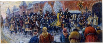 Przybycie Aleksandra Newskiego do Nowogrodu po bitwie pod lodem autorstwa Mikhail Vasilievich Nesterov