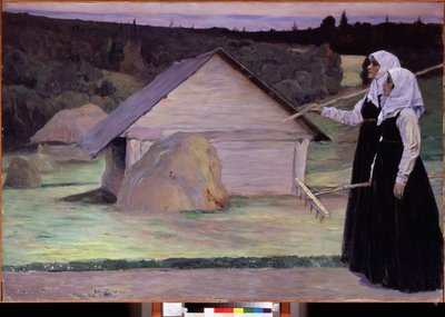 Lato. Dwie kobiety niosące grabie wieczorem po pracy w polu przechodzą obok stogów siana i drewnianych chat. Obraz Michaiła Wasiljewicza Niestierowa (1862-1942), olej na płótnie autorstwa Mikhail Vasilievich Nesterov
