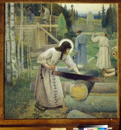 Serge de Radonege (1313-1392) - Prace św. Sergiusza (Tryptyk, część środkowa) - Peinture de Mikhail Vasilyevich Nesterov (1862-1942) (symbolika) Państwowa Galeria Trietiakowska, Moskwa autorstwa Mikhail Vasilievich Nesterov