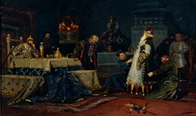Płaszcz głupców. Bojar Drużyna Andriejewicz Morozow przed Iwanem Groźnym, 1885 autorstwa Mikhail Vasilievich Nesterov