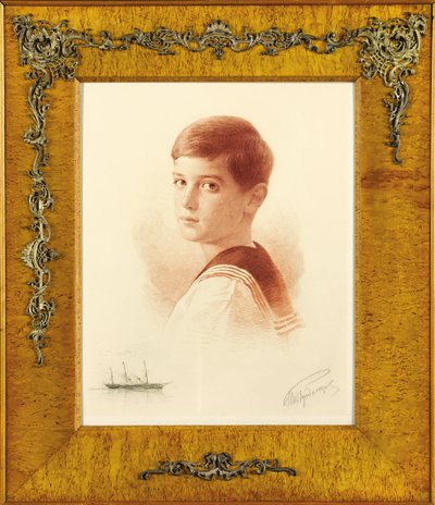 Portret następcy tronu carewicza Aleksieja Nikołajewicza z Rosji z remarque przedstawiającym Jacht Cesarski , 1913 autorstwa Mikhail Viktorovich Rundaltsov