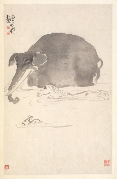 Słoń, koń i zając, 1788. autorstwa Min Zhen