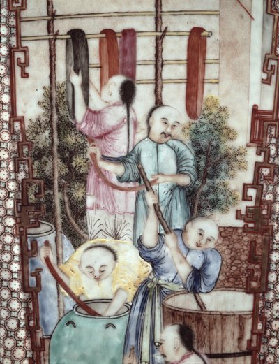Fragment wazonu przedstawiający mężczyzn farbujących jedwab (ceramika) autorstwa Ming Dynasty Chinese School