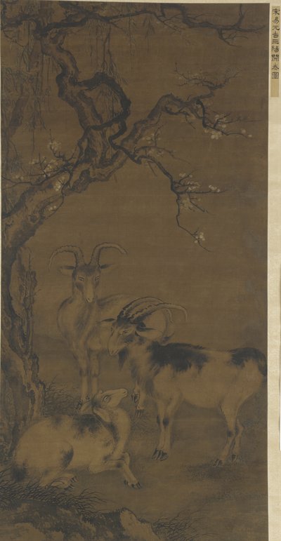 Trzy kozy pod kwitnącą śliwą, XVI-XVII w. autorstwa Ming Dynasty Chinese School