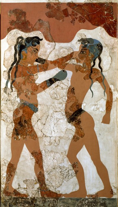Sztuka minojska: „”walka między dwoma bokserami””” Fresco od Akrotiri do Santorini. XVI w. p.n.e. Ateny, Narodowe Muzeum Archeologiczne - Sztuka minojska: boks chłopców minojskich. Fresk z Akrotiri, Santorini XVI wiek pne. Narodowe Muzeum Archeologiczne, A autorstwa Minoan