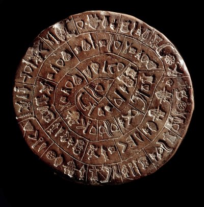 Dysk Fajstos (Dysk Fajstos, Dysk Fajstos) (sztuka minojska - 1700 - 1600 pne) pokryty hieroglifami. autorstwa Minoan