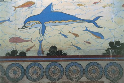 Zbliżenie muralu w pałacu, Palace Of Minos, Knossos, Kreta, Grecja autorstwa Minoan