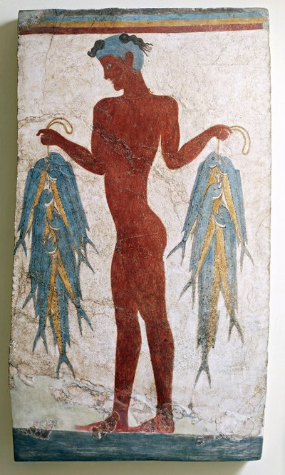 Cywilizacja grecka, fresk przedstawiający rybaka, z Akrotiri, Thera, Santorini, Grecja (fresk) autorstwa Minoan