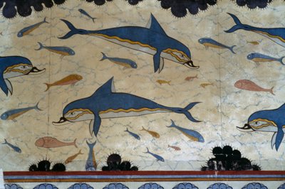 Megaron królowej ozdobiony freskami delfinów, Pałac w Knossos, Kreta, Grecja, cywilizacja minojska autorstwa Minoan