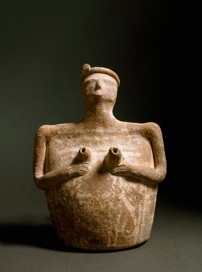 Sztuka minojska: wazon z terakoty w kształcie kobiety podtrzymującej klatkę piersiową. Z sanktuarium Piskokephalo na Krecie. 1700-1450 pne. Heraklion, Muzeum Archeologiczne autorstwa Minoan