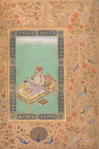 Cesarz Shah Jahan ze swoim synem Darą Shikoh, Folio z albumu Shah Jahan, Verso: Ca.1620 autorstwa Mir 