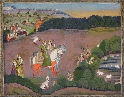 Baz Bahadur i Rupmati na polowaniu na sokoły. Około 1735 autorstwa Mir Kalan Khan