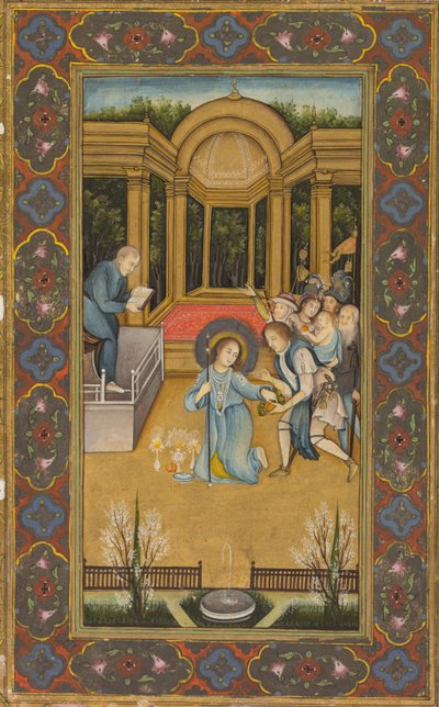 Jezus wśród lekarzy w świątyni, ok. 1760 r. (nieprzezroczysta akwarela ze złotem na papierze, kwiatowe obwódki w kolorach na złotym podłożu) autorstwa Mir Kalan Khan