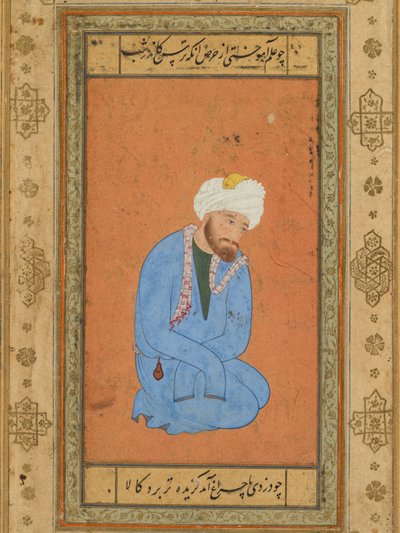 Portret klęczącego świętego męża, z Albumu Księcia Salima, ok. 1930 r. 1556-60, granica ok. 1602. autorstwa Mir Sayyid Ali