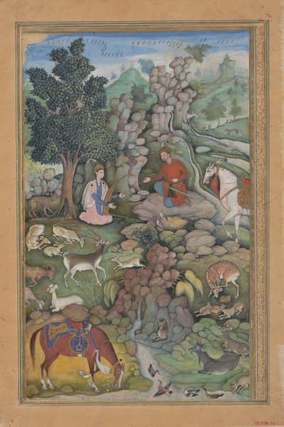 Bahram Gur widzi stado jeleni zahipnotyzowane muzyką Dilarama, Folio z..., 1597-98. autorstwa Miskin
