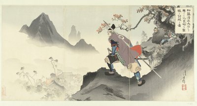 Kato Kiyomasa niszczy i zdobywa pałac Orangai przez stoczenie się z głazu. Kato Kiyomasa oishi korogashite Orankai no kenjo lub uchiyaburu zu. (tytuł na obiekcie) autorstwa Mizuno Toshikata