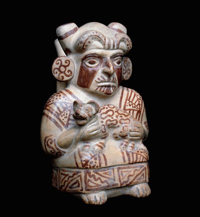 Sztuka przedkolumbijska, cywilizacja moche (brzydka, mocchica): wódz Mochica z kotem w ramionach. Wazon z gliny antropomorficznej. 200 pne-700 ne. Lima, Narodowe Muzeum Antropologii i Archeologii, Peru autorstwa Moche Moche