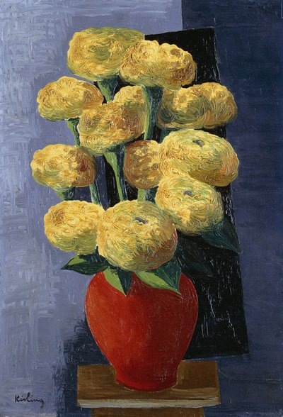 Żółte kwiaty w czerwonym wazonie; Fleurs Jaunes dans un Vase Rouge autorstwa Moise Kisling