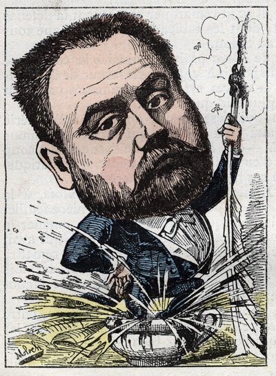 Portret Emila Zoli (1840-1902) francuskiego pisarza w „Le Trombinoscope” Touchatout, karykatura B. Molocha z 1882 (1849-1909). Prywatna kolekcja. autorstwa Moloch