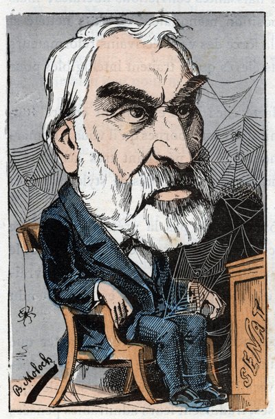 Eugene Pelletan (1813-1884), francuski dziennikarz literacki i polityk w „Le Trombinoscope” Touchatout, karykatura B. Molocha z 1882 (1849-1909). Prywatna kolekcja. autorstwa Moloch