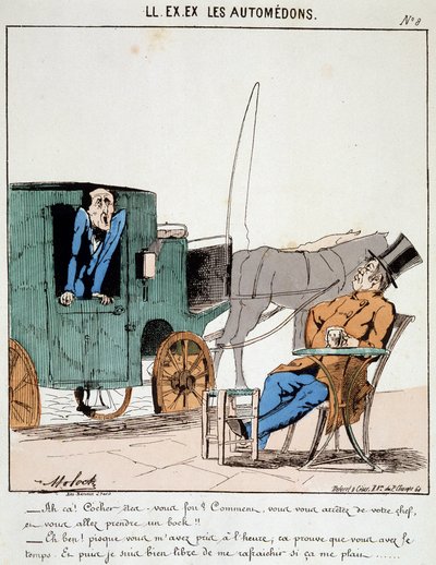 ON. BYŁY. BYŁY. Motoredony: Karykatura transportu w mieście. Woźnica płaci na czas, zatrzymuje się w kawiarni, by skoczyć pod szykany niesionego przez siebie mieszczanina. Rysunek Molocha (1849-1909), ok. 1860 r. autorstwa Moloch