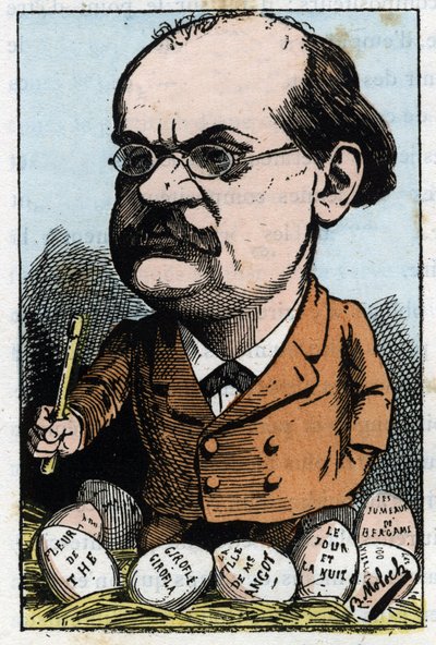 Portret Alexandre Charles Lecocq (1832-1918), francuskiego kompozytora w „Le Trombinoscope” Touchatout, karykatura B. Molocha z 1882 (1849-1909). Prywatna kolekcja. autorstwa Moloch