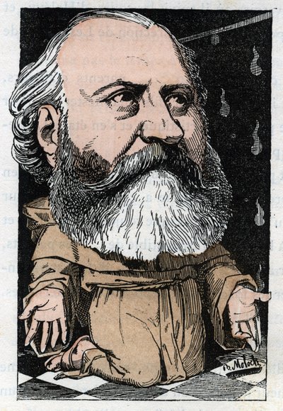 Portret Charlesa Gounoda (1818-1893), francuskiego kompozytora w „Le Trombinoscope” Touchatout, karykatura B. Molocha z 1882 (1849-1909). Prywatna kolekcja. autorstwa Moloch