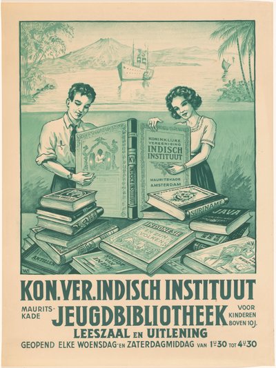 Plakat do biblioteki młodzieżowej Królewskiego Stowarzyszenia Instytutu Indii w Amsterdamie autorstwa Monogrammist WB