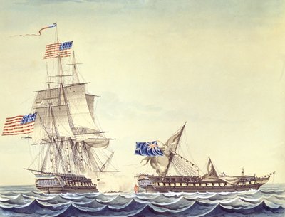 Starcie morskie pomiędzy fregatą U.S. Constitution i fregatą H.M. Java (akwarela na papierze) autorstwa Montardier Montardier