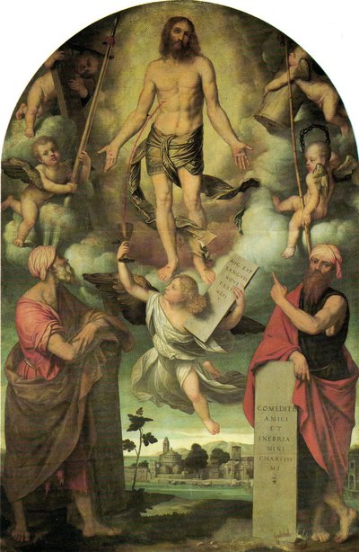 Chrystus w męce z Mojżeszem i Salomonem autorstwa Moretto da Brescia