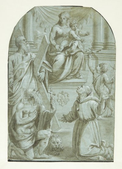 Maryja z Dzieciątkiem Jezus na tronie w otoczeniu apostoła Andrzeja, Jana Chrzciciela w dzieciństwie, św. Hieronima i św. Franciszka z Asyżu autorstwa Moretto da Brescia