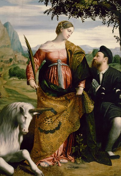 Święta Justyna, czczona przez patrona autorstwa Moretto da Brescia
