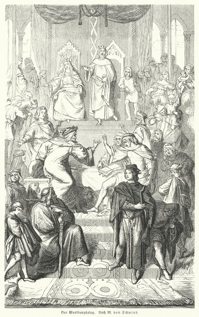Sangerkrieg, konkurs minstreli na zamku Wartburg w Turyngii w 1207 roku (rycina) autorstwa Moritz Ludwig von (after) Schwind