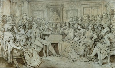 Wieczór u barona Spauna, Schubert przy fortepianie, tenor Johann Michael Vogl śpiewa ... (atrament, sepia) autorstwa Moritz Ludwig von Schwind
